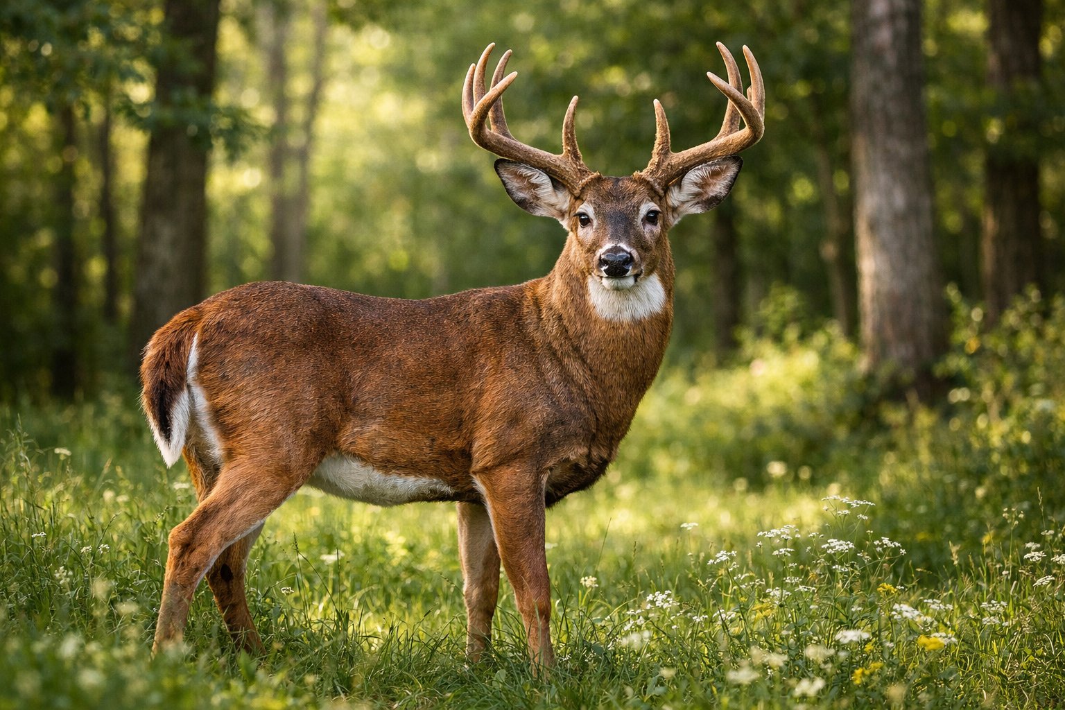 An adult deer standing in a sunlit forest clearing surrounded by trees and grass.