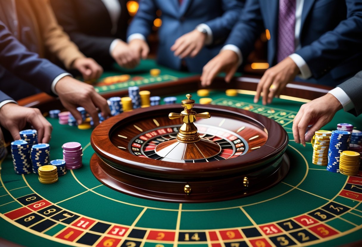 Close-up of a roulette wheel spinning with chips on the betting table and players’ hands placing bets.