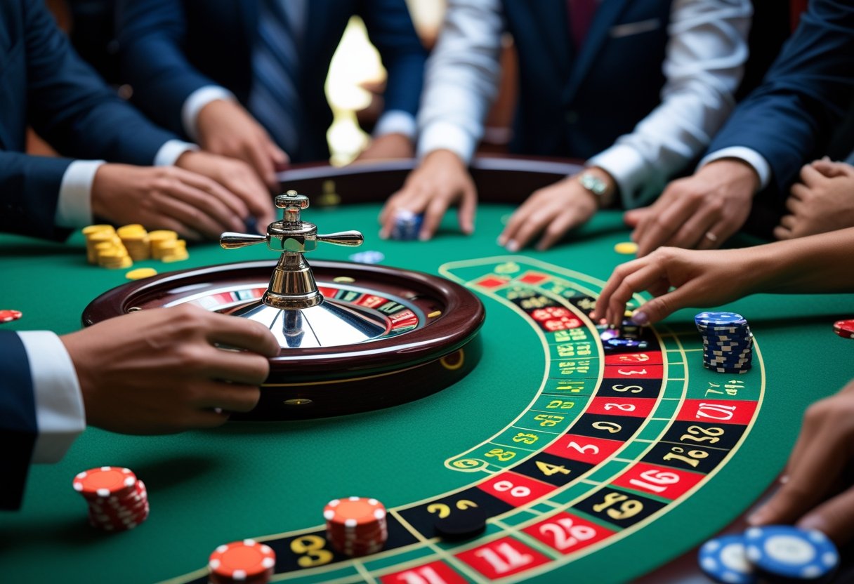 Close-up of a roulette wheel with a white ball spinning, surrounded by a green betting table and people placing chips.