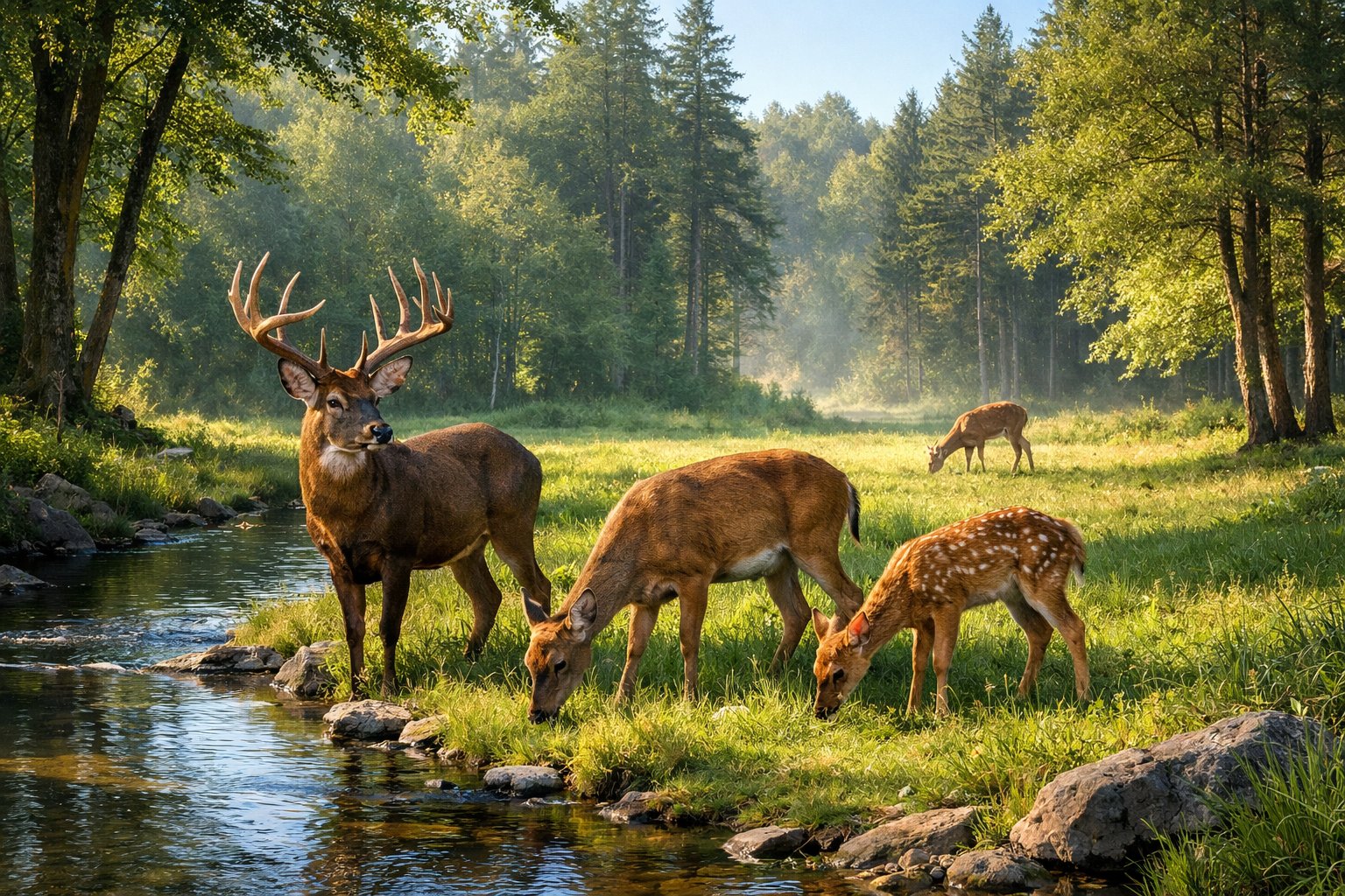A group of deer grazing peacefully in a sunlit forest clearing near a small stream.