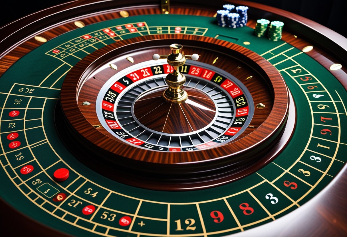 A roulette wheel and betting table with numbered pockets and betting areas in a casino setting.