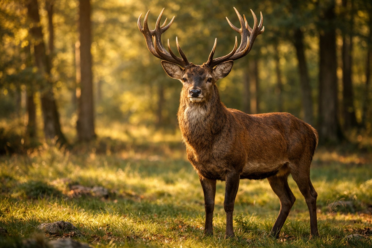 A male deer with large antlers standing in a sunlit forest clearing.