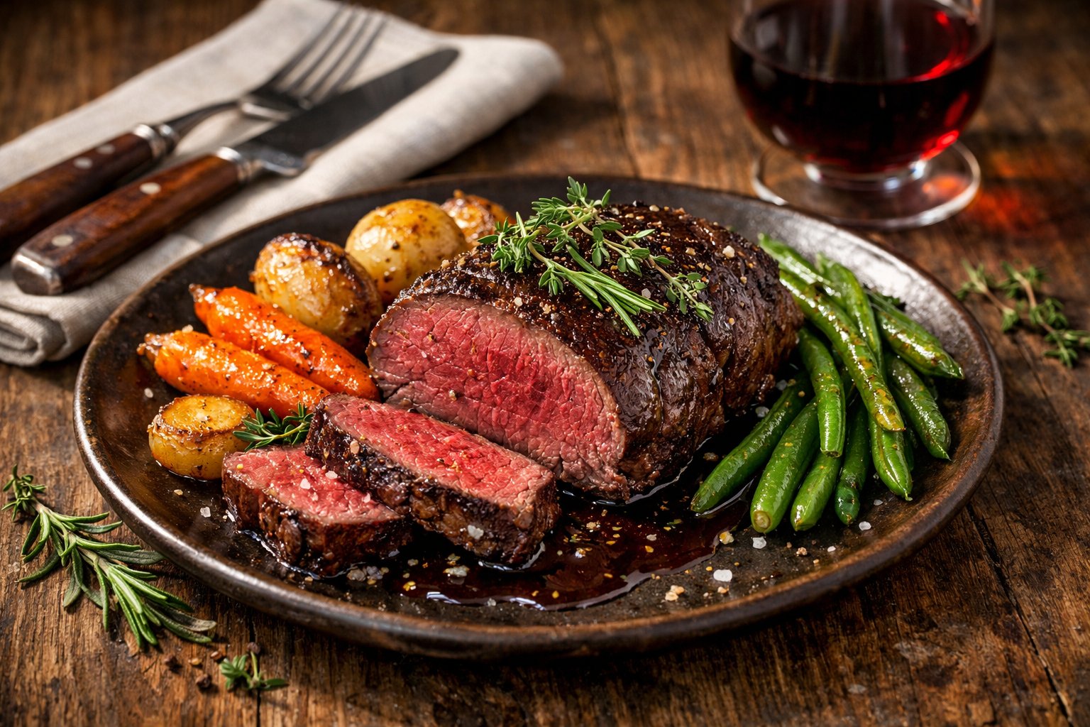 A cooked venison steak served with roasted vegetables and herbs on a wooden table with a glass of red wine nearby.