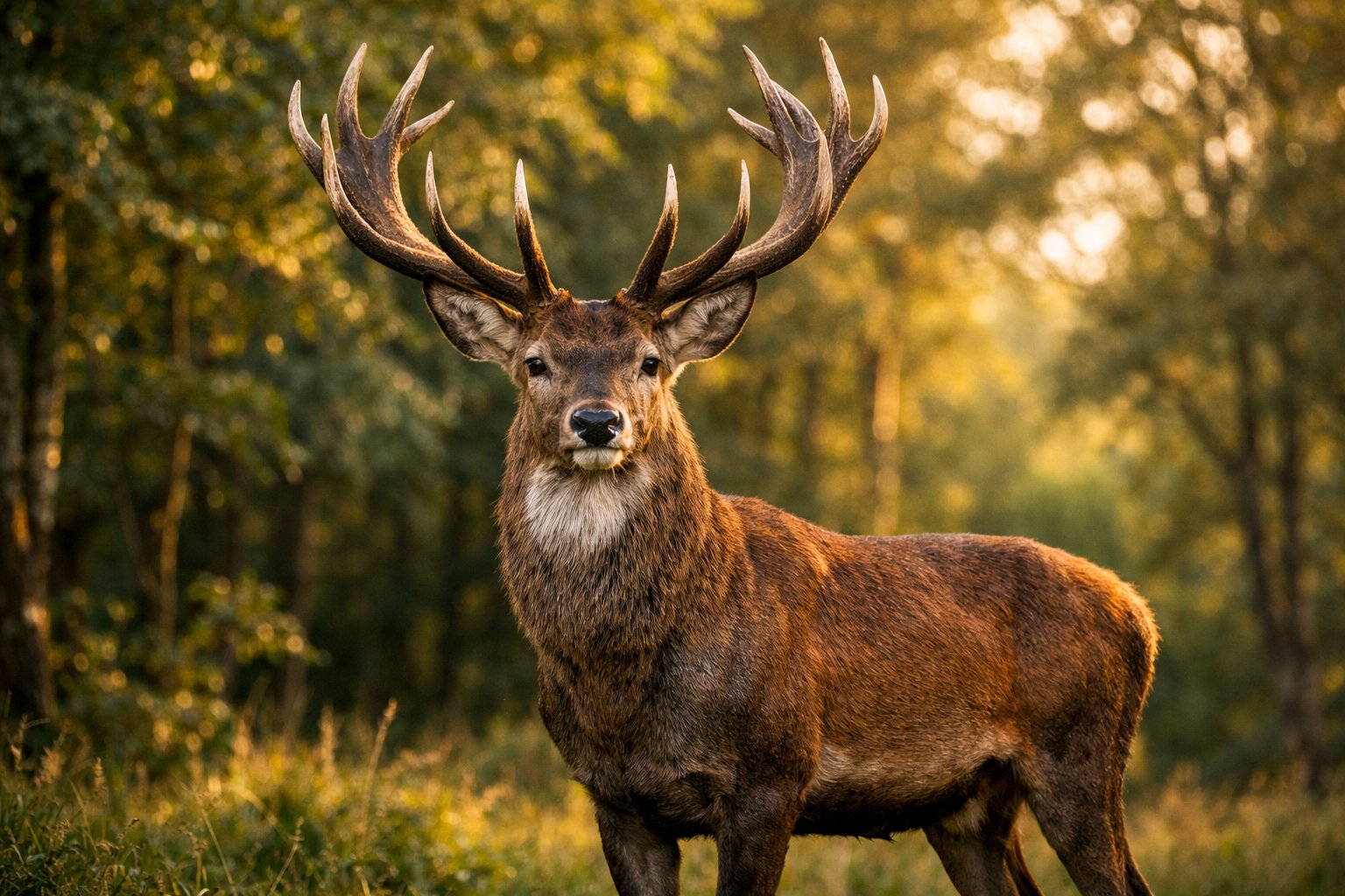 A male deer with large antlers standing in a sunlit forest.