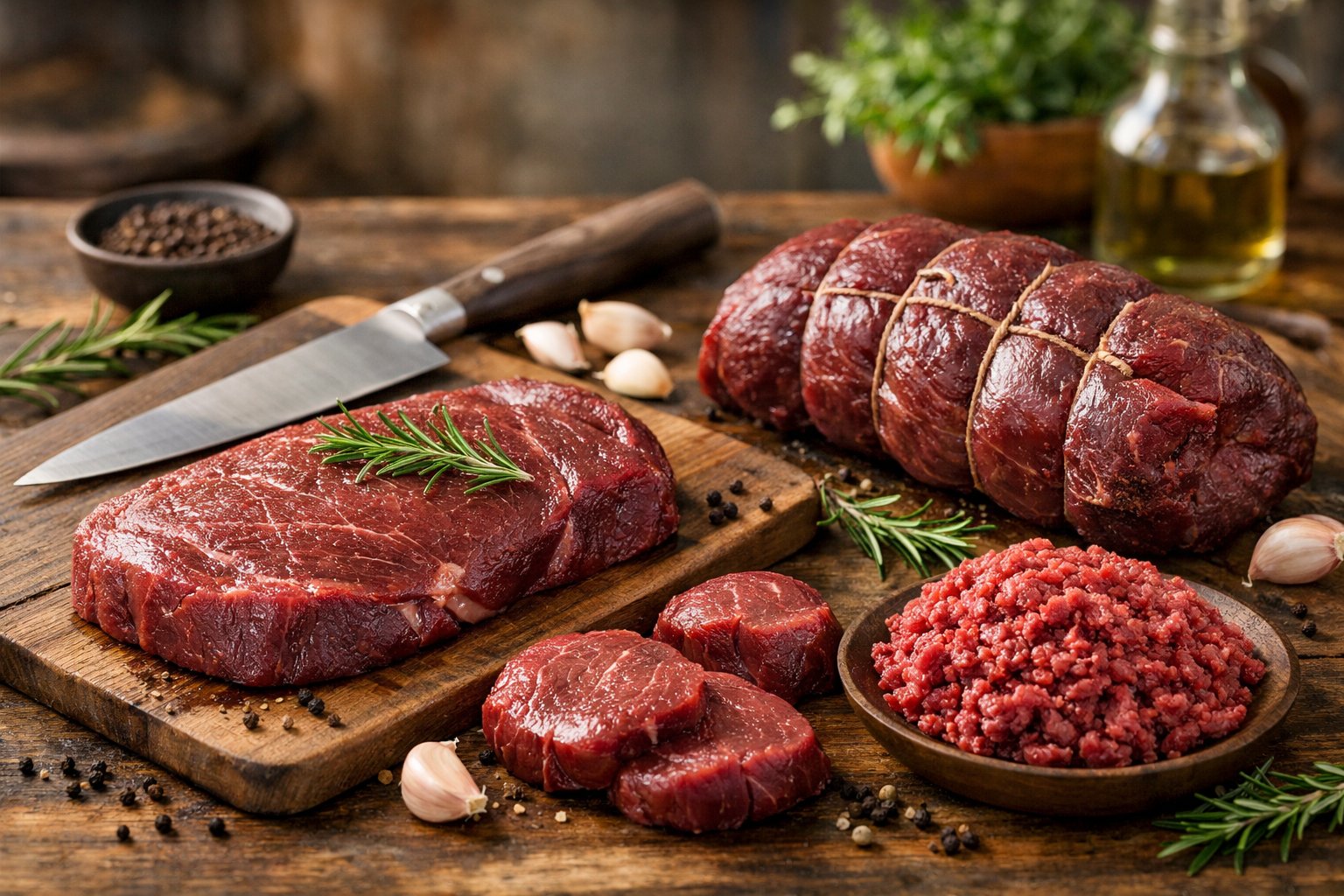 A wooden table displaying different cuts of fresh venison meat with herbs and a knife in a kitchen setting.