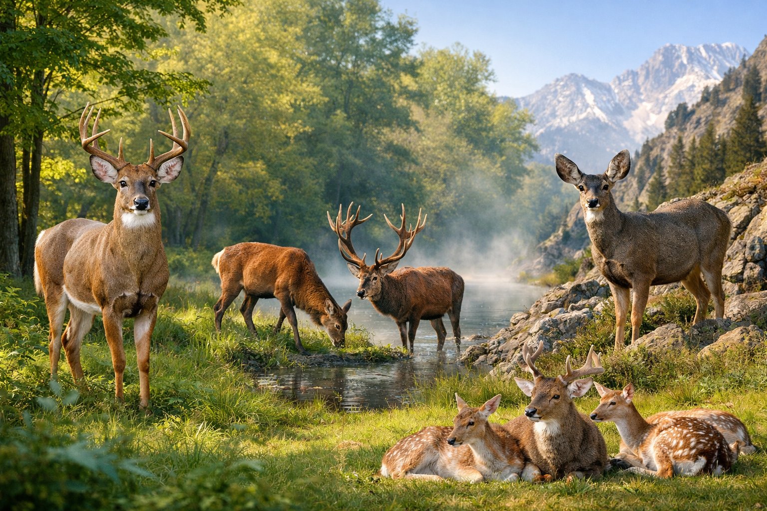 Various types of deer including white-tailed, red, mule, and fallow deer in different natural settings like forest, riverbank, mountains, and meadow.