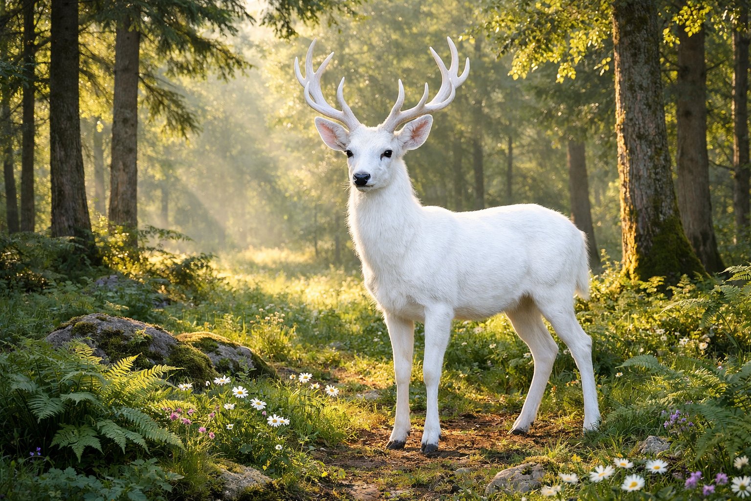 A white deer standing in a sunlit forest clearing surrounded by trees and plants.