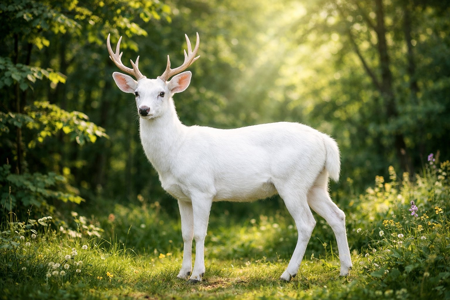 A white deer standing in a green forest clearing with sunlight filtering through the trees.