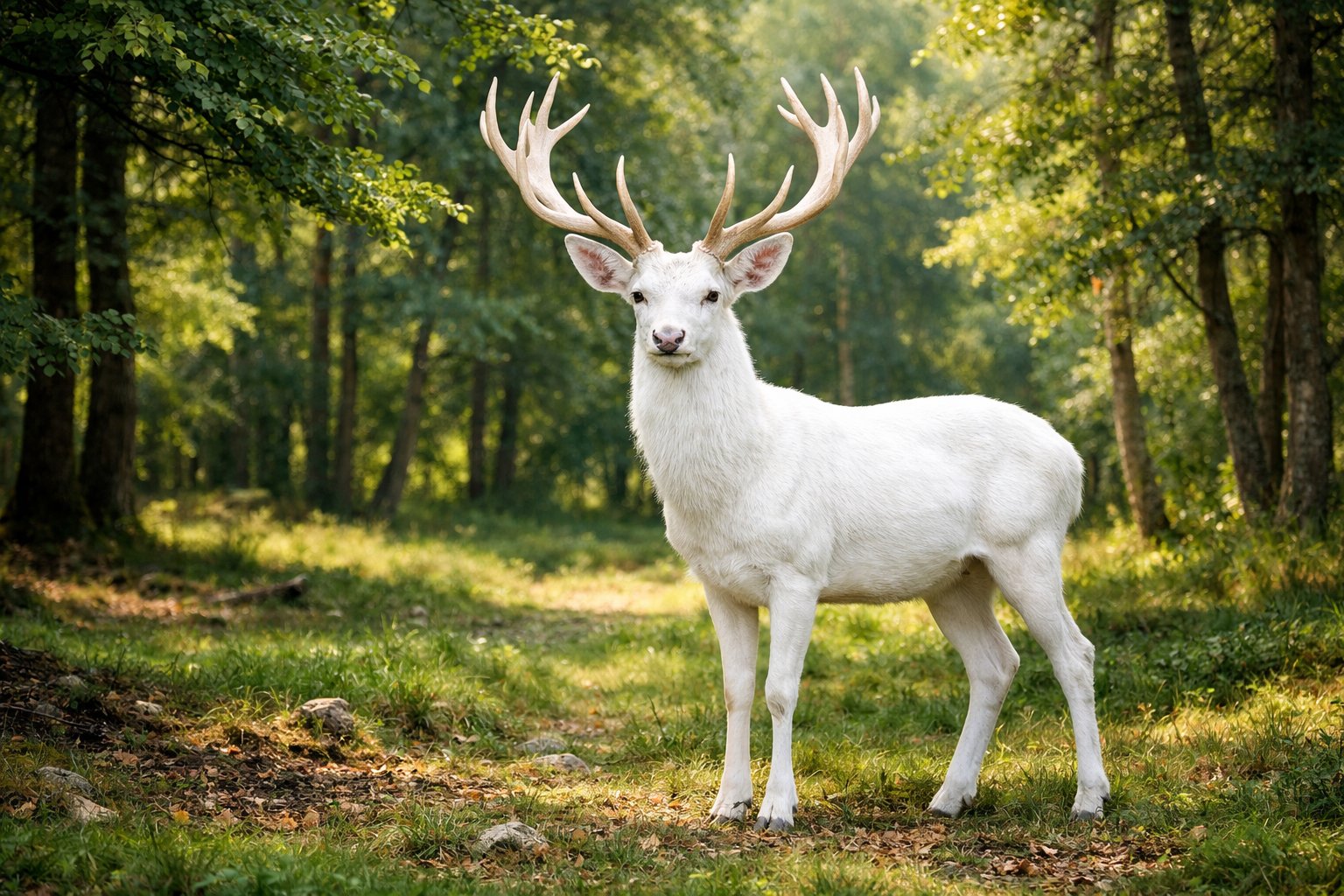 A white deer standing in a sunlit forest clearing surrounded by green trees and grass.
