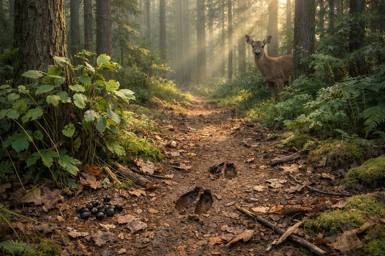A peaceful forest scene showing subtle signs of a nearby deer, including hoof prints, nibbled plants, and a partially hidden deer among trees.