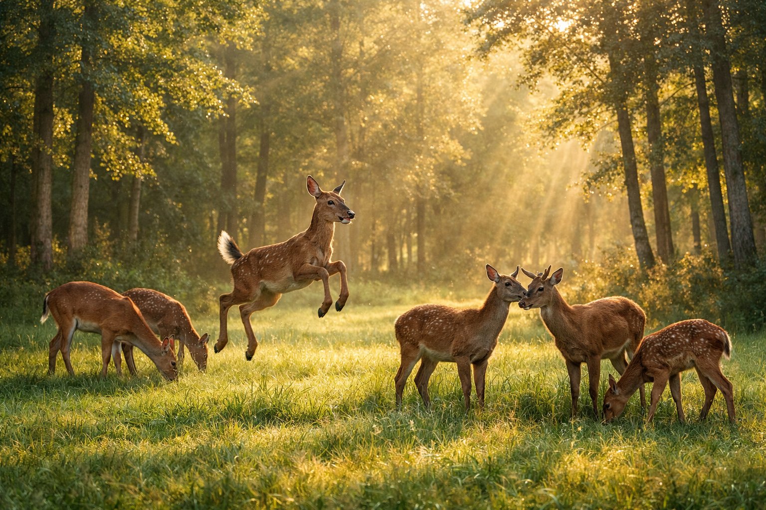 A group of deer in a sunlit forest clearing, some grazing and one playfully leaping, showing joyful behavior.