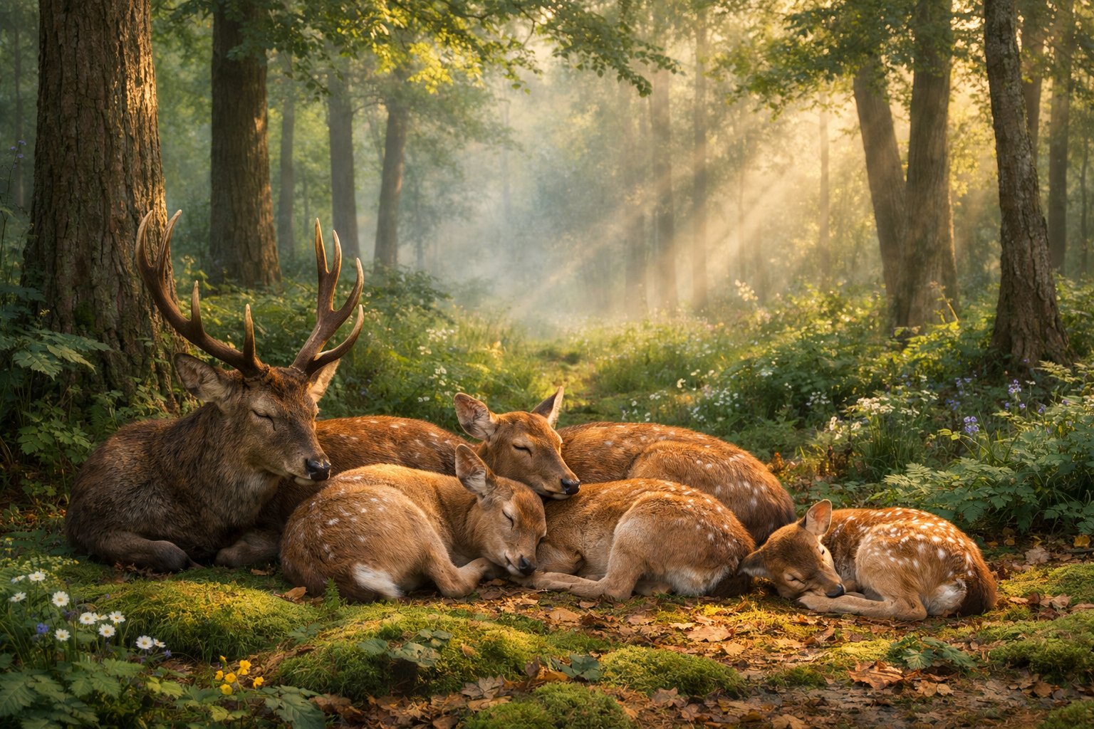 A group of deer resting quietly on the forest floor surrounded by trees and soft sunlight.