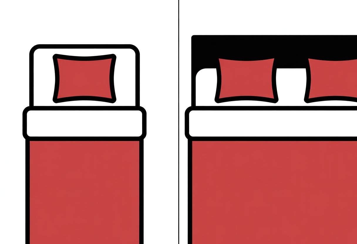 A side-by-side illustration showing a single bed on the left with one pillow and a twin bed on the right with two pillows.