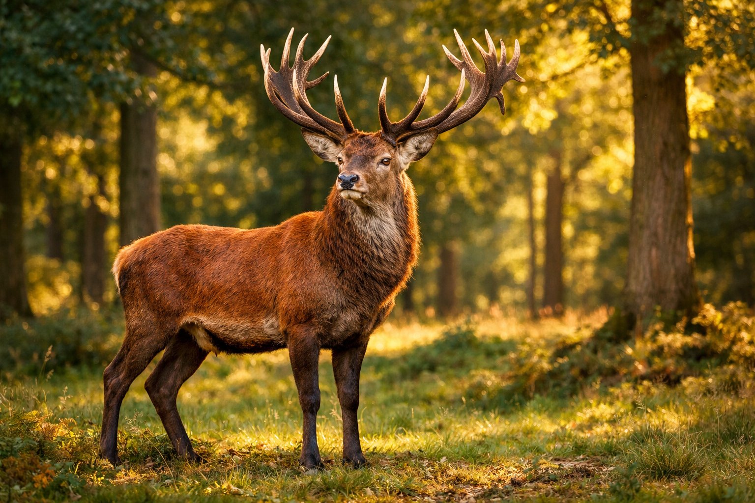 A large red deer stag with big antlers standing in a sunlit forest clearing.