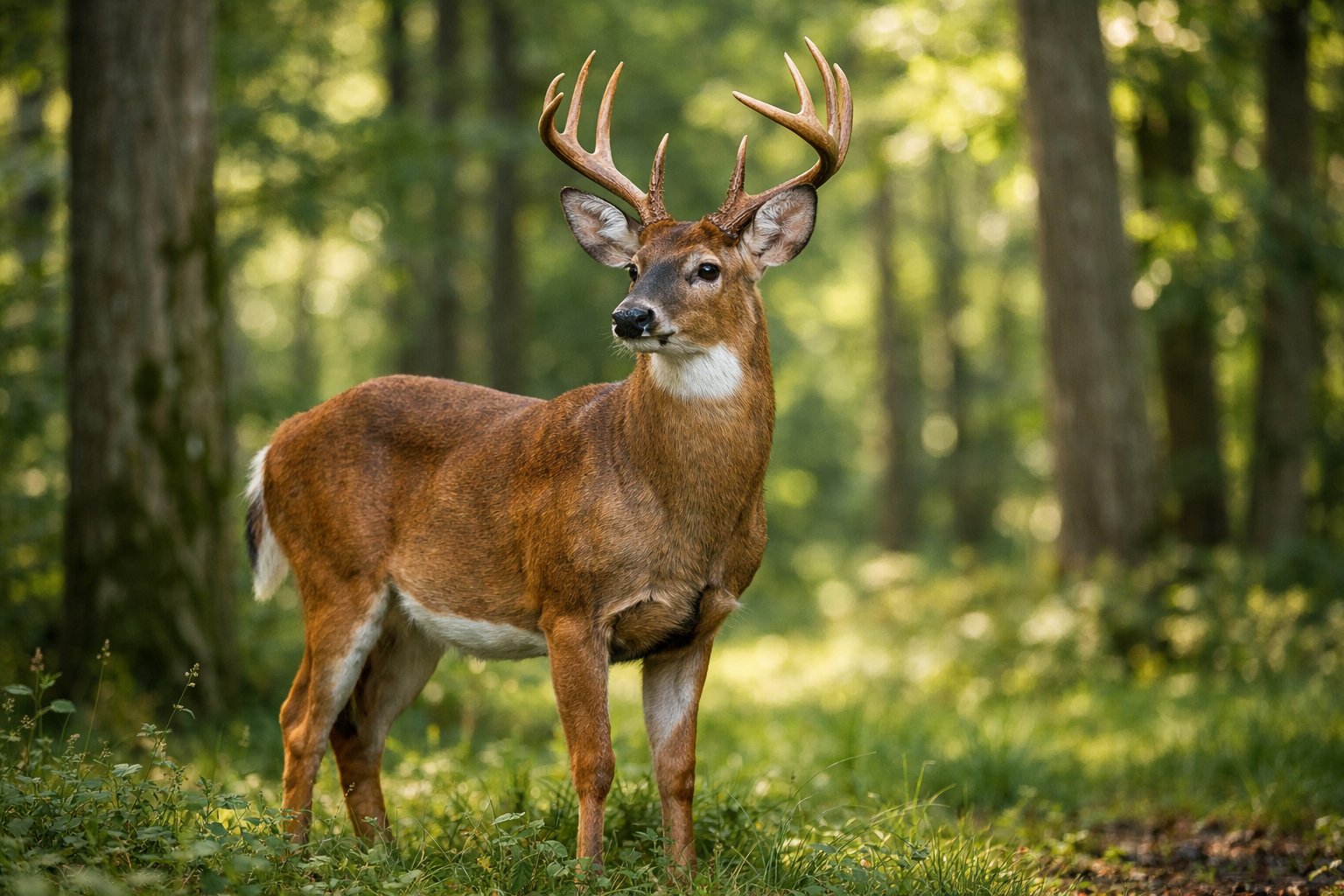 An adult deer standing calmly in a sunlit forest surrounded by trees and greenery.