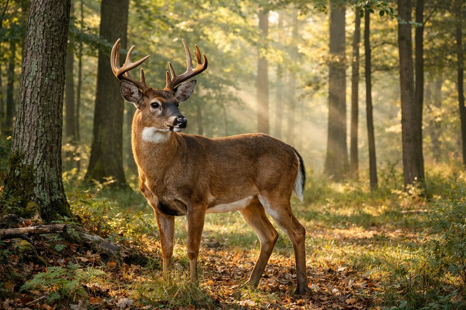 An adult deer standing alert in a sunlit forest with trees and underbrush around it.