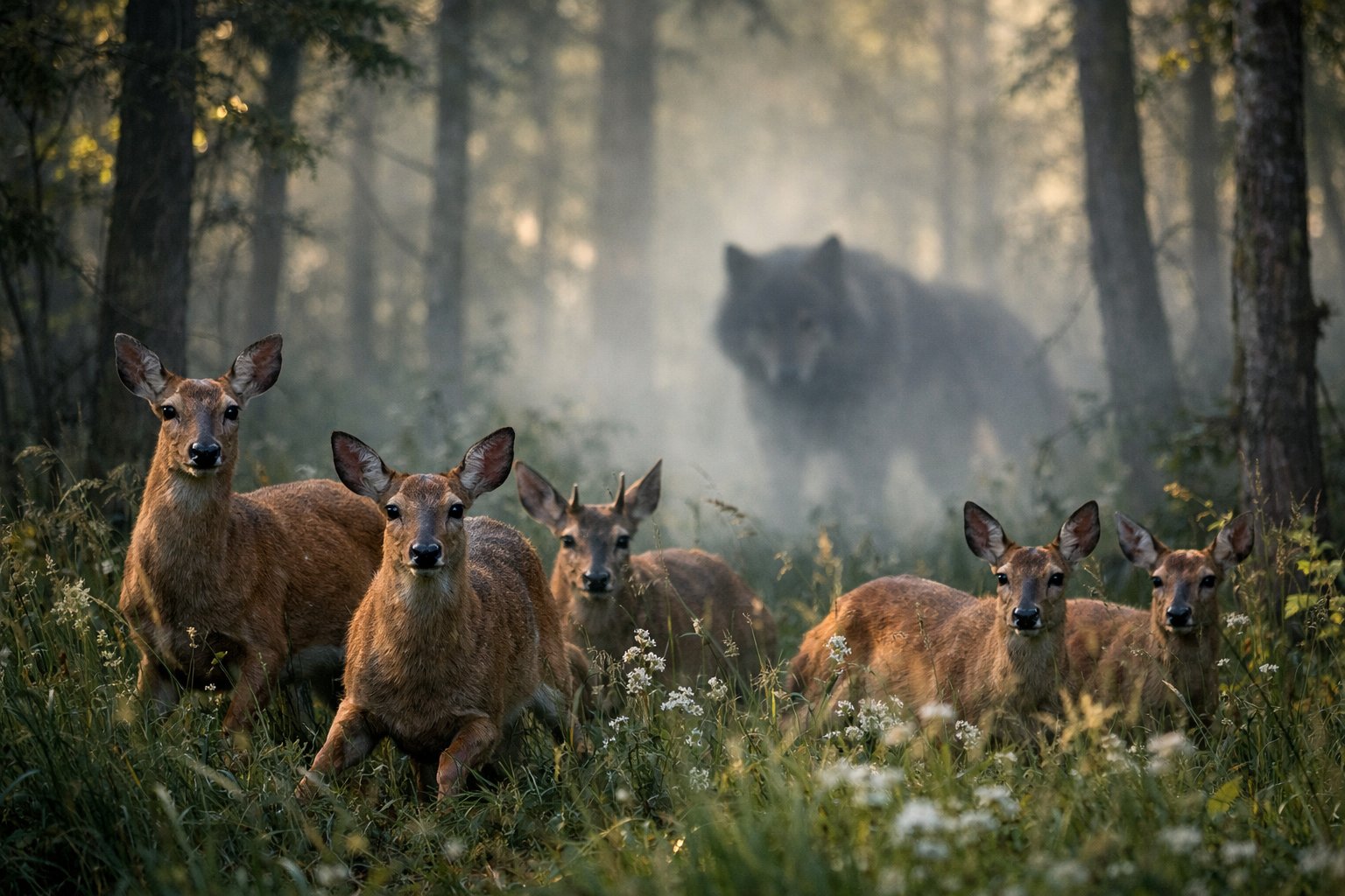 A group of deer in a forest looking alert and fearful as a shadowy predator approaches in the background.