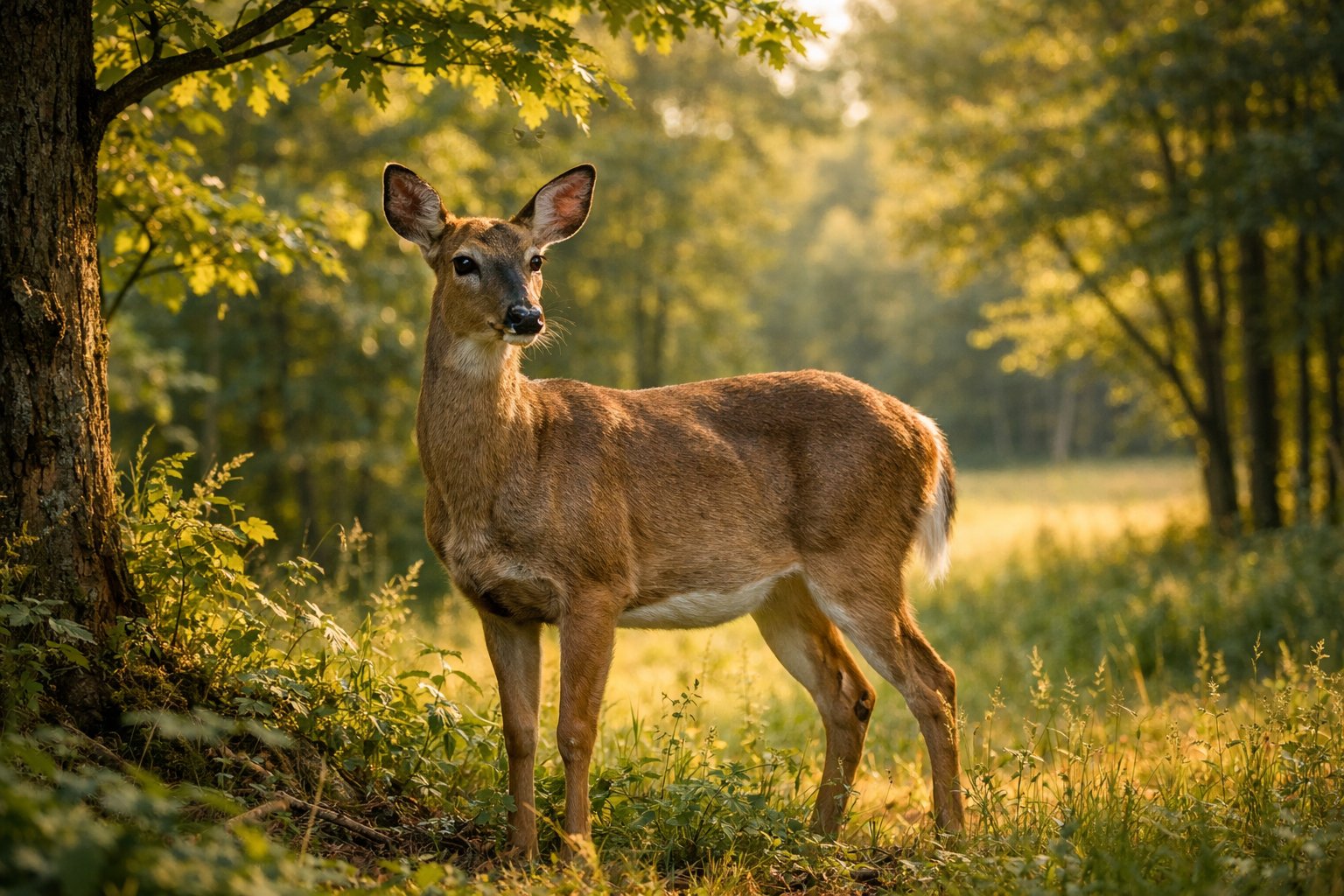 An adult deer standing in a sunlit forest surrounded by trees and greenery.