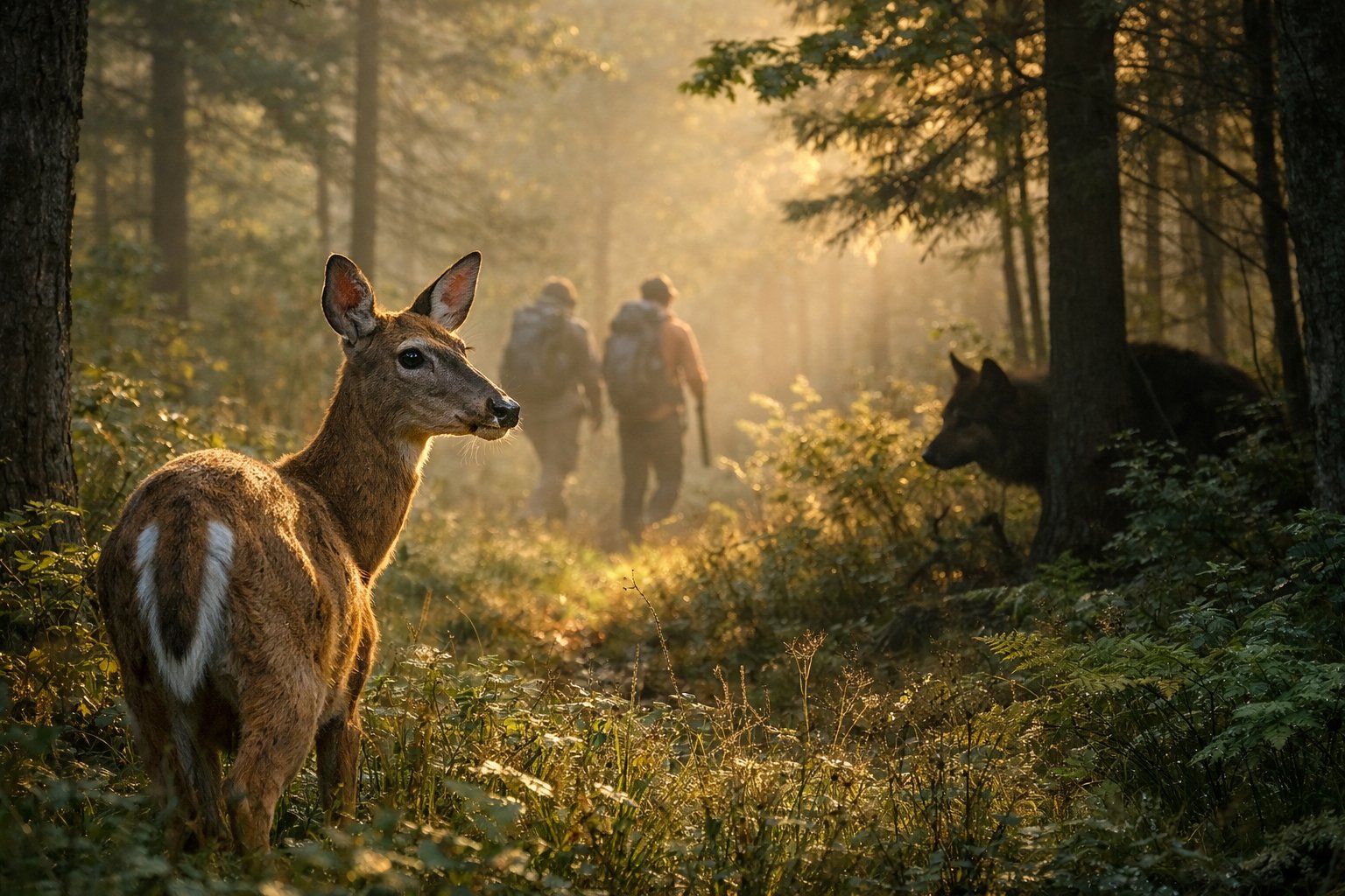 A deer standing alert in a forest looking towards shadows of a predator and distant human figures at dawn.