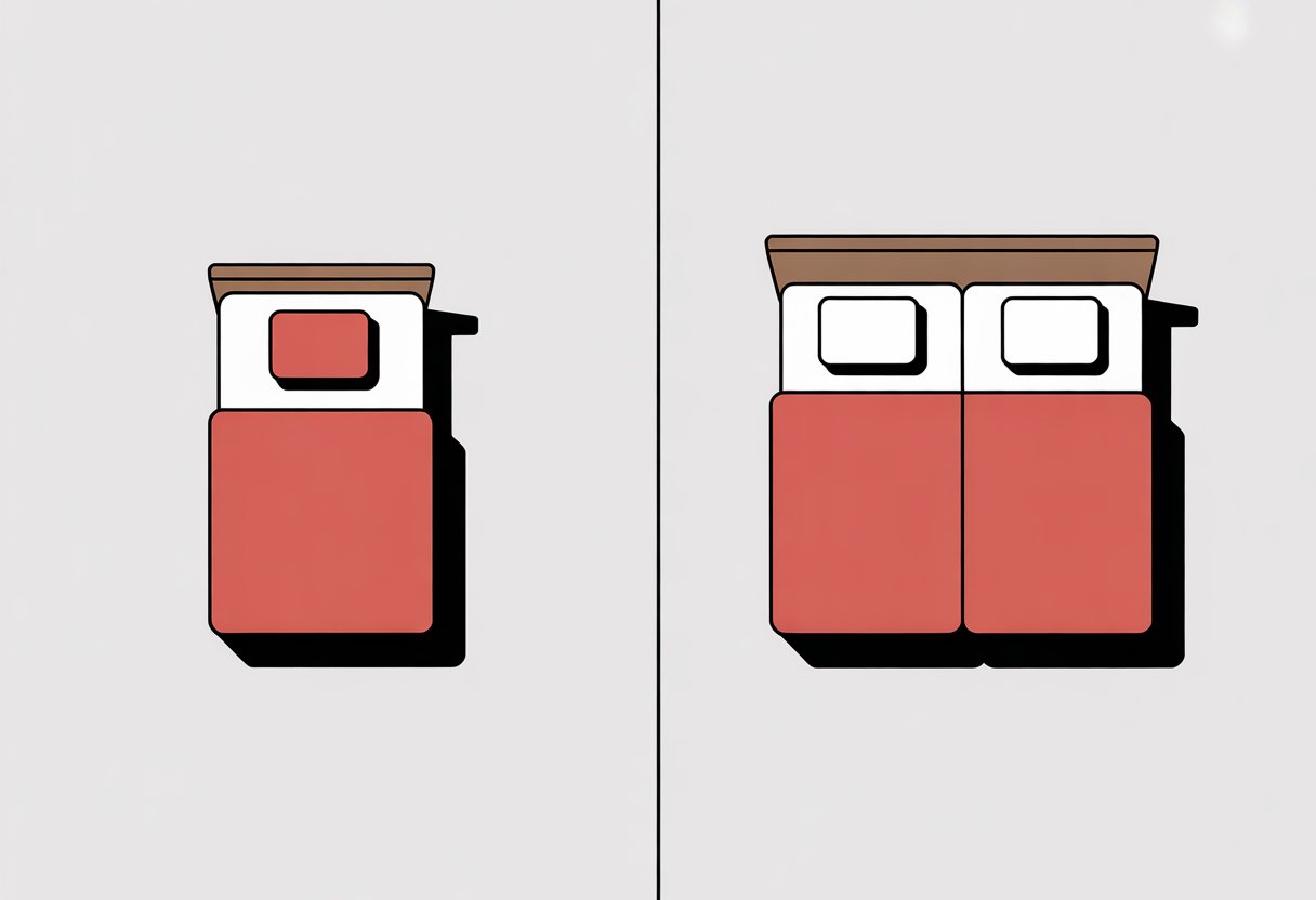 A simple illustration showing a top-down view of a single bed on the left and a slightly larger twin bed on the right, separated by a vertical line.