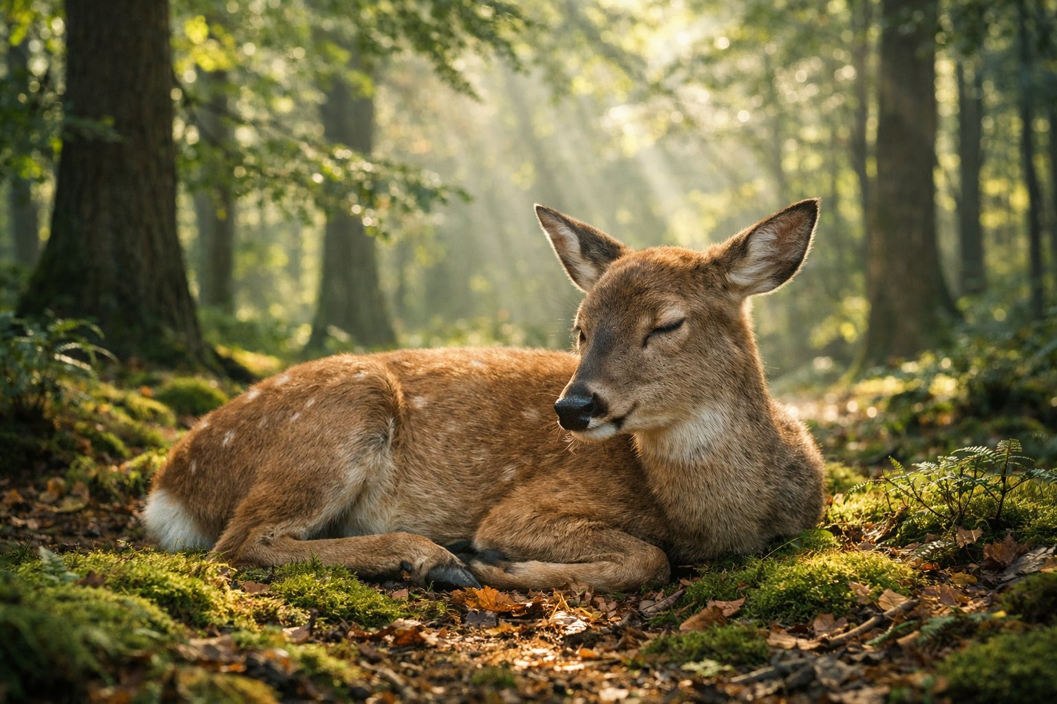 A deer resting quietly on the forest floor surrounded by trees and soft sunlight.