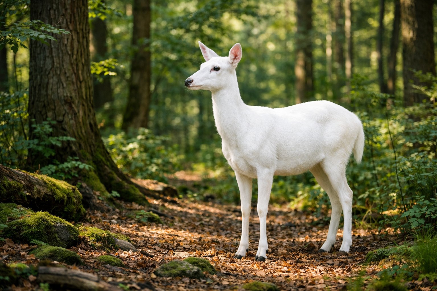 A white deer standing calmly in a green forest with sunlight filtering through the trees.