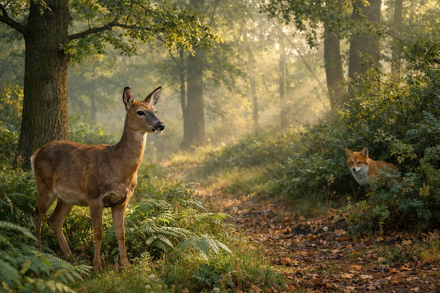 A deer standing alert in a green forest with a red fox watching from behind trees in the background.