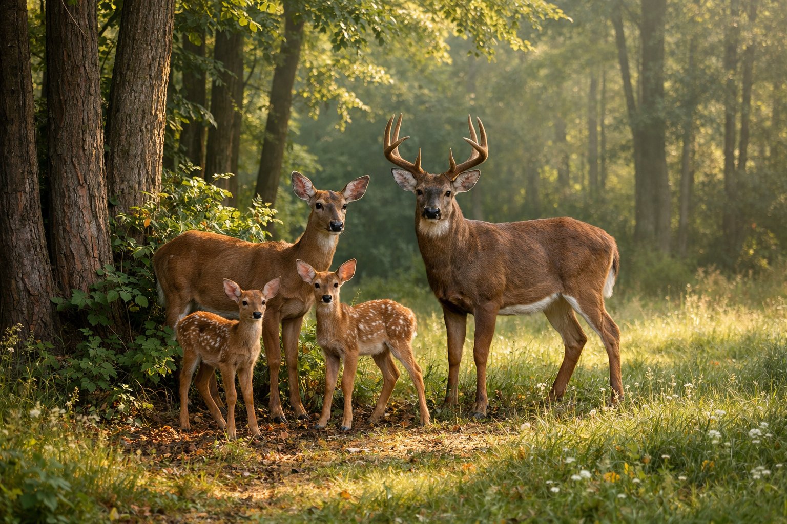 A family of deer standing close together in a forest clearing surrounded by trees and greenery.