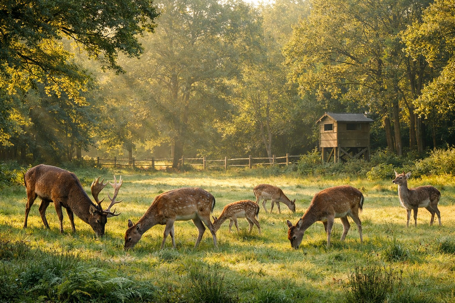 A group of deer grazing in a quiet British woodland clearing with trees and a wooden fence in the background.