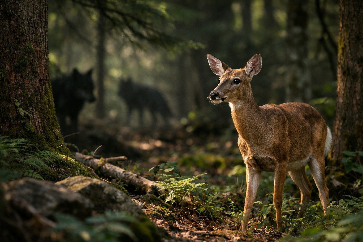 A deer standing alert in a forest with wolves partially visible in the background.