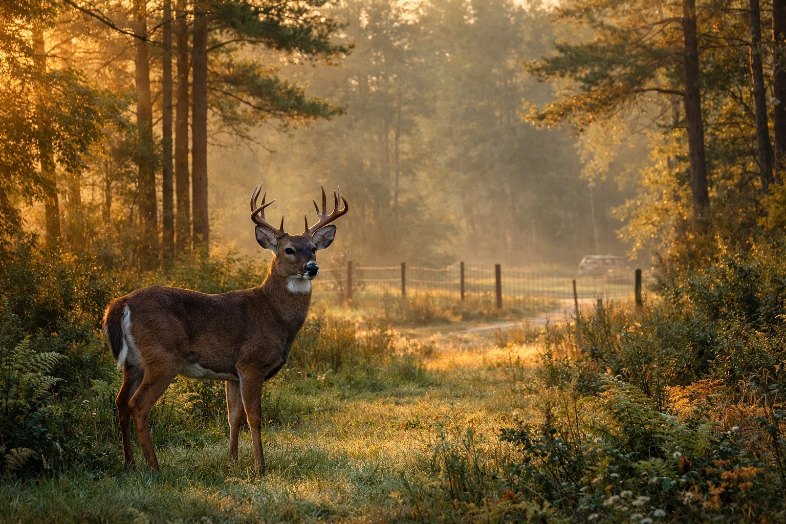 A deer standing alert in a forest clearing with sunlight filtering through trees and signs of human impact in the background.
