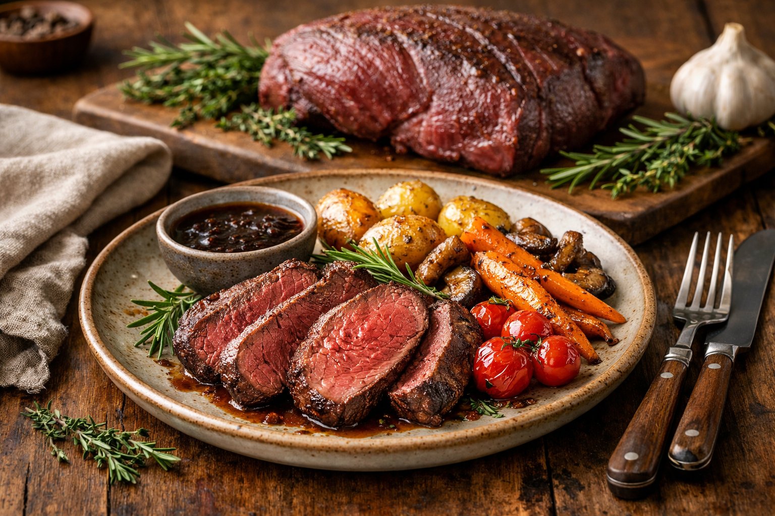 A wooden table with a cooked venison steak, roasted vegetables, fresh herbs, and a raw venison roast in the background.