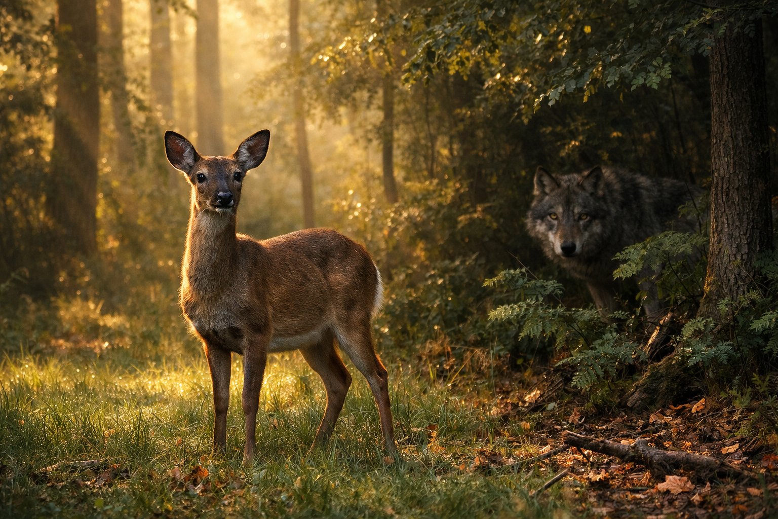 A deer standing alert in a forest clearing with a wolf watching from behind trees in the background.
