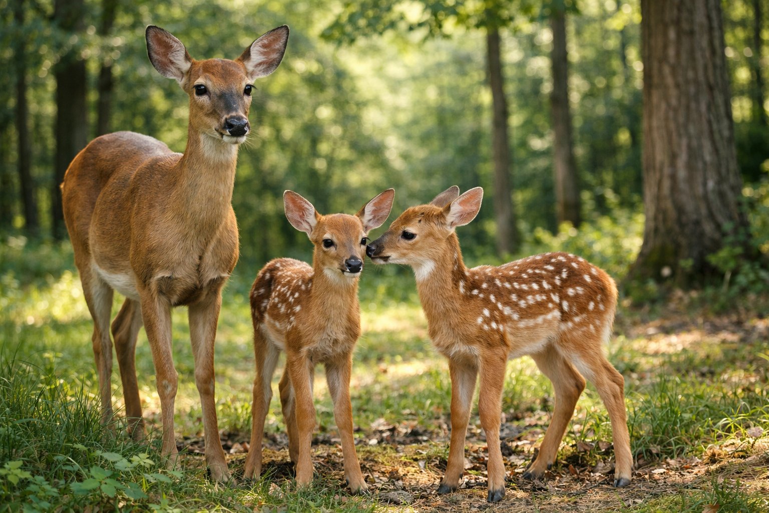 A mother deer standing with two young fawns in a forest clearing surrounded by trees and greenery.