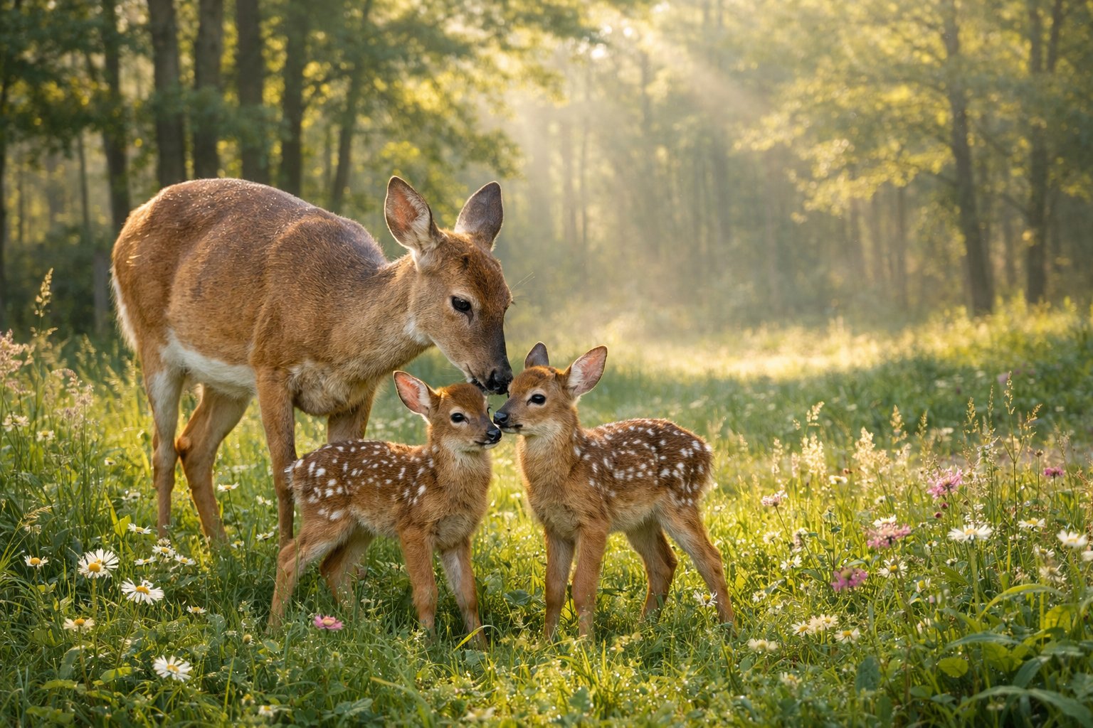 A mother deer standing with her two young fawns in a green forest clearing.