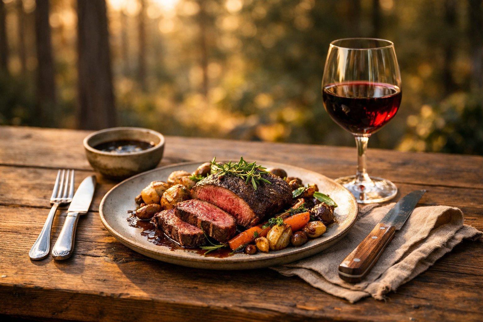 A cooked venison steak served with roasted vegetables and sauce on a wooden table outdoors in a forest setting.