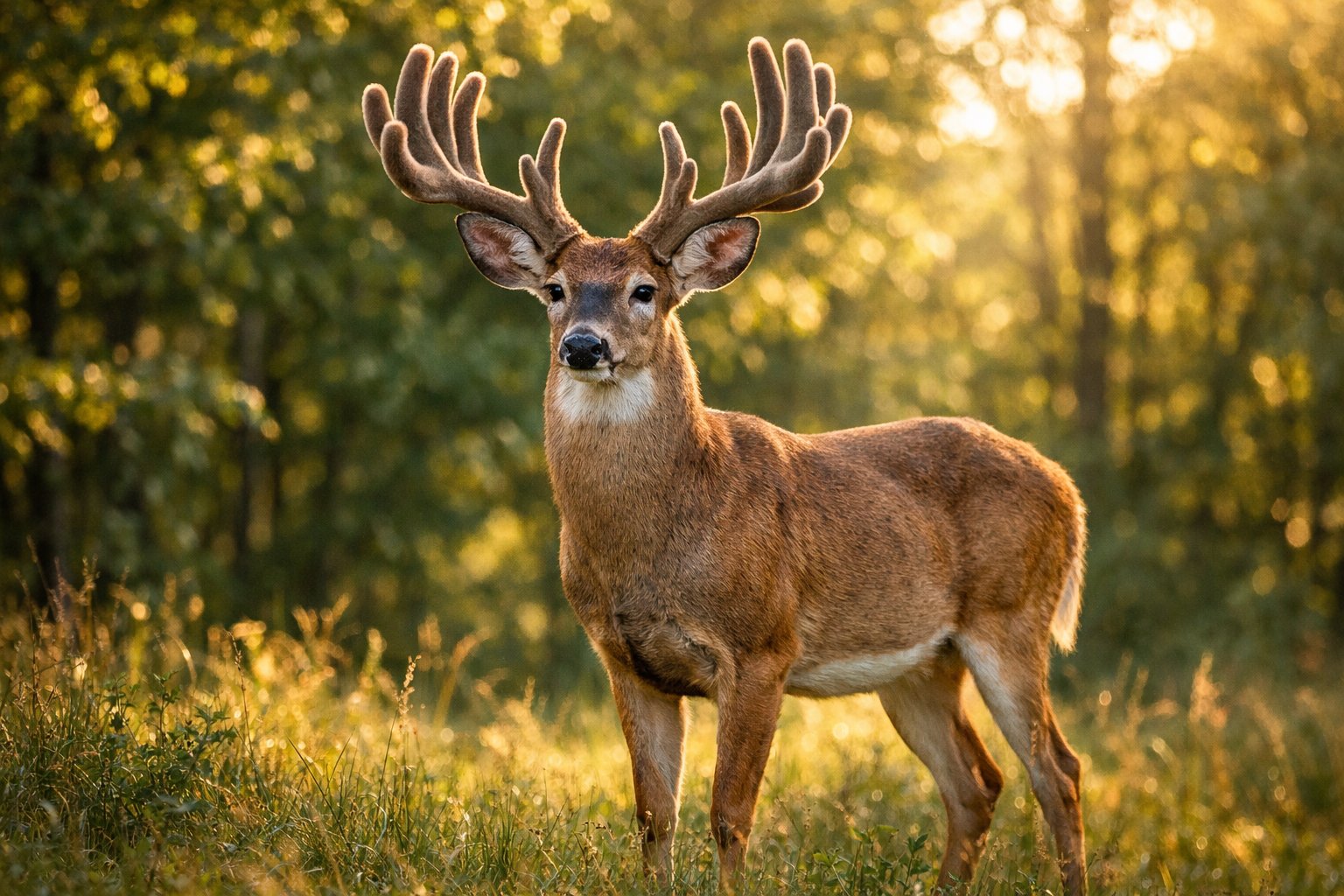 A deer with large antlers standing in a sunlit forest clearing surrounded by green trees.