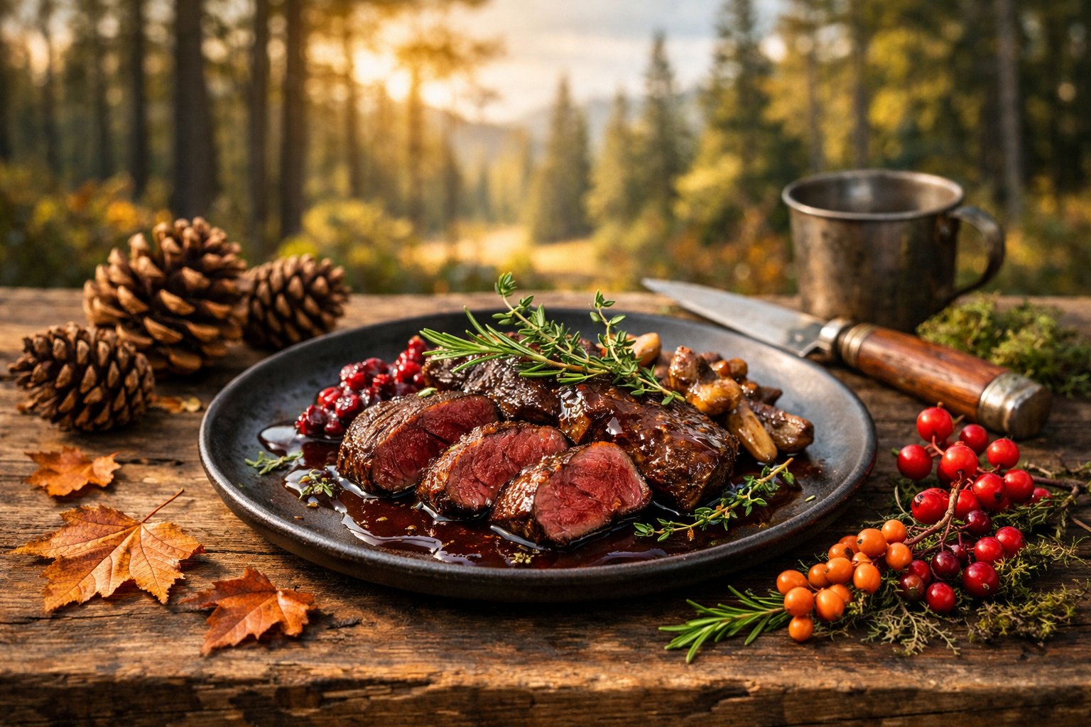 A plated dish of cooked deer meat garnished with herbs on a rustic wooden table outdoors with a forest background.