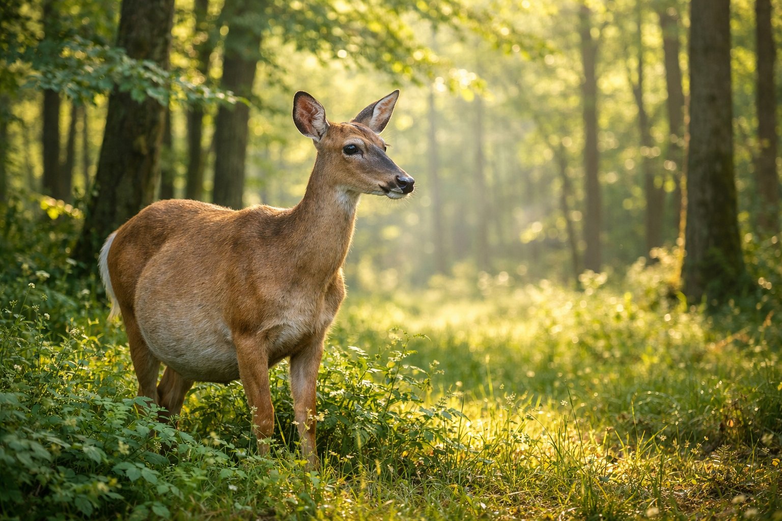 A female deer standing calmly in a sunlit forest surrounded by green trees and grass.