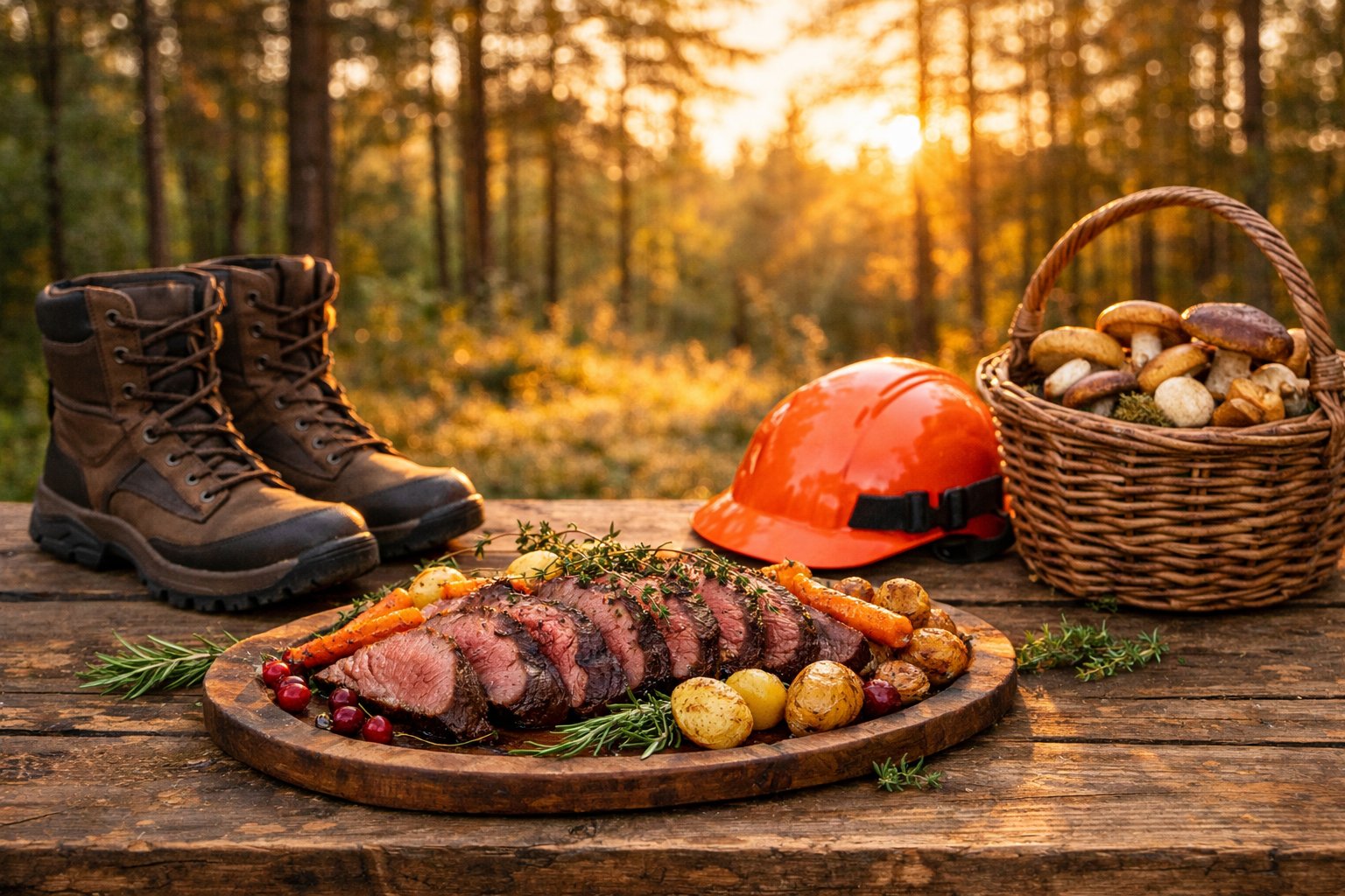 A platter of cooked deer meat with herbs and vegetables on a wooden table outdoors in a forest setting, with hunting boots, a safety helmet, and a basket of mushrooms nearby.