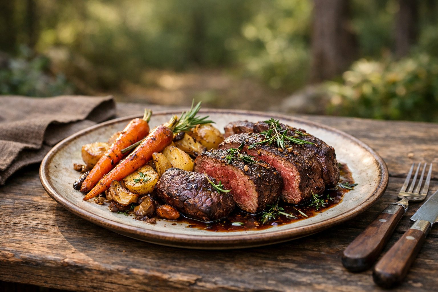 A plated venison steak with roasted vegetables on a wooden table outdoors in a forest setting.