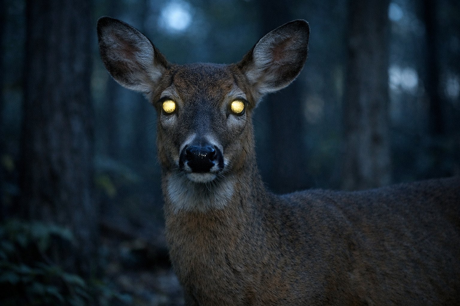 A deer standing in a dim forest at dusk with its eyes reflecting light.