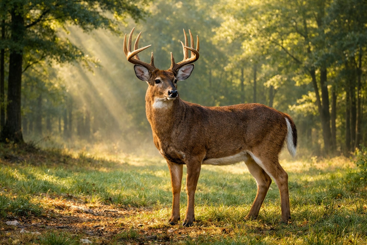A fully grown adult deer standing in a sunlit forest clearing surrounded by green trees.