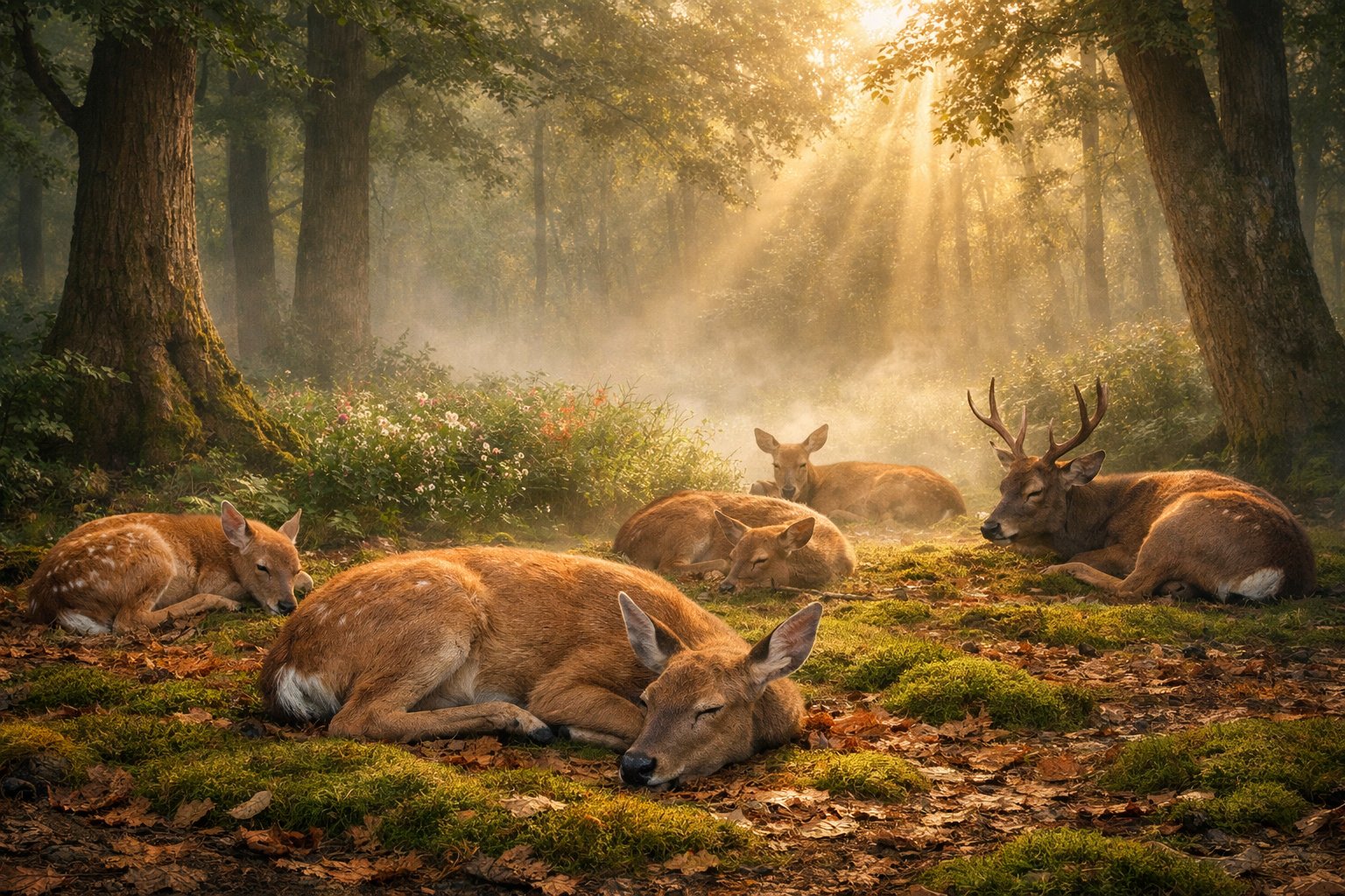 A group of deer resting quietly on the forest floor in a peaceful clearing surrounded by trees and soft morning light.