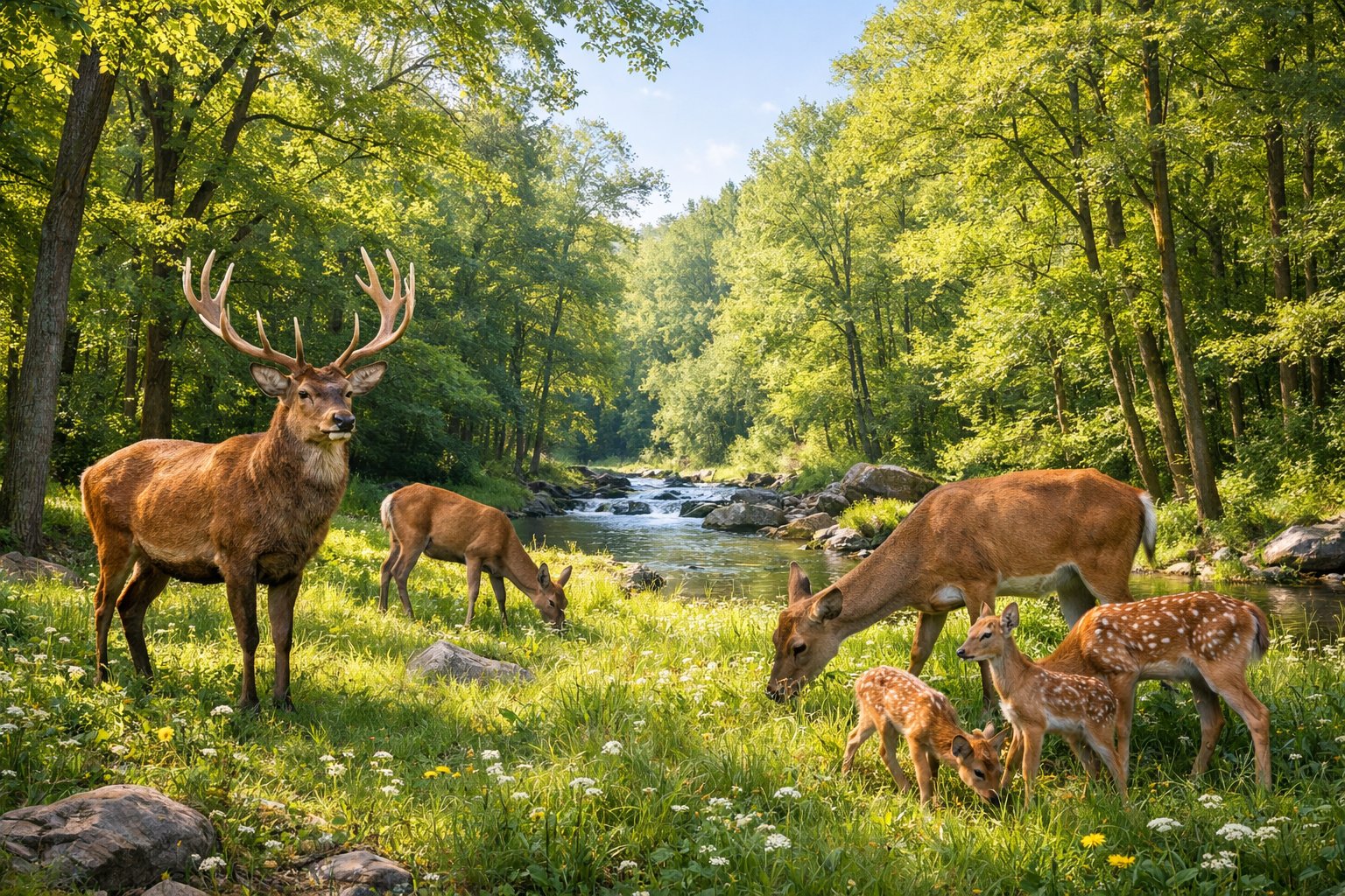 A group of deer grazing peacefully in a green forest with trees, grass, and a small stream.