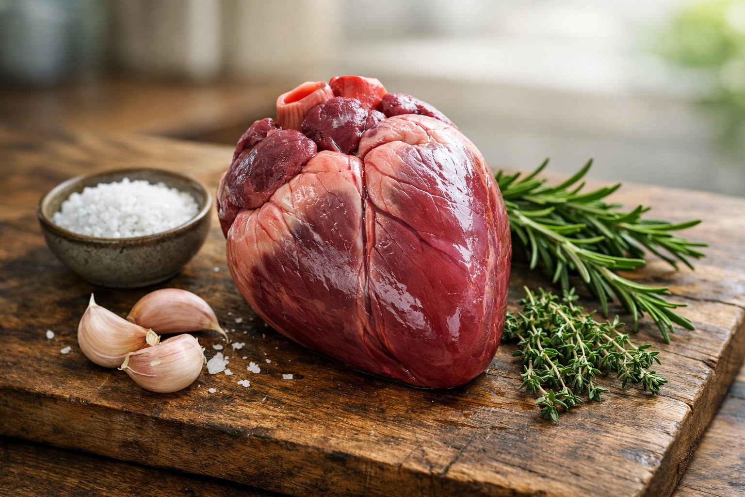 A raw deer heart on a wooden cutting board surrounded by herbs, garlic, and salt in a kitchen setting.