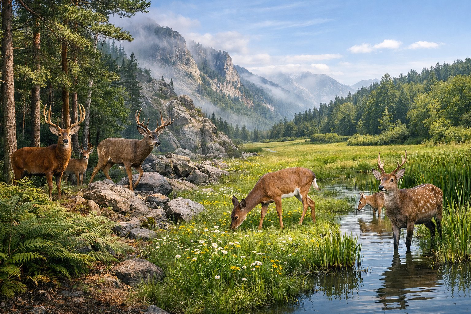 A panoramic natural landscape showing forests, mountains, meadows, and wetlands with various deer species in each habitat.