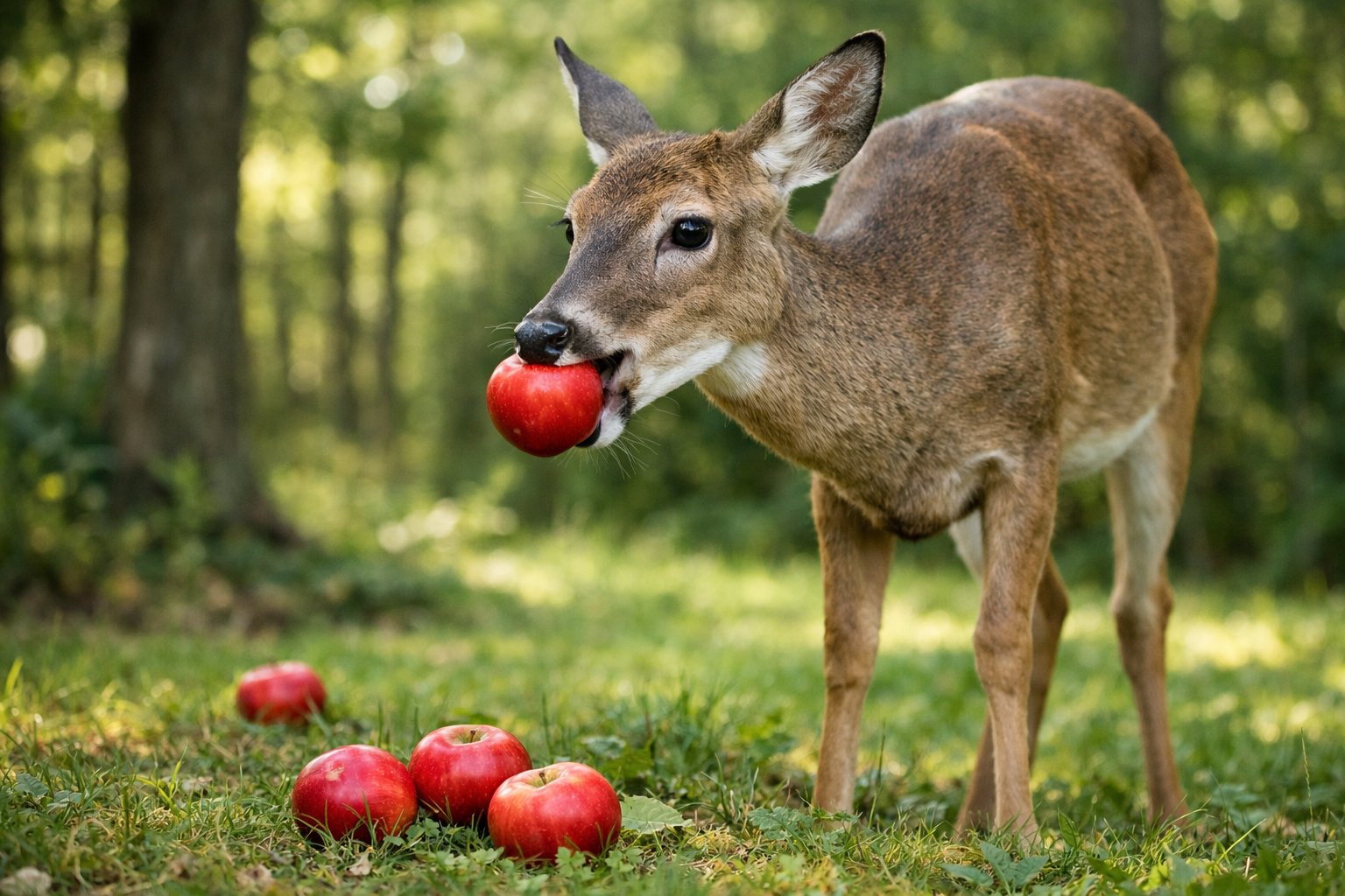 A deer in a forest clearing eating a red apple with more apples on the ground nearby.