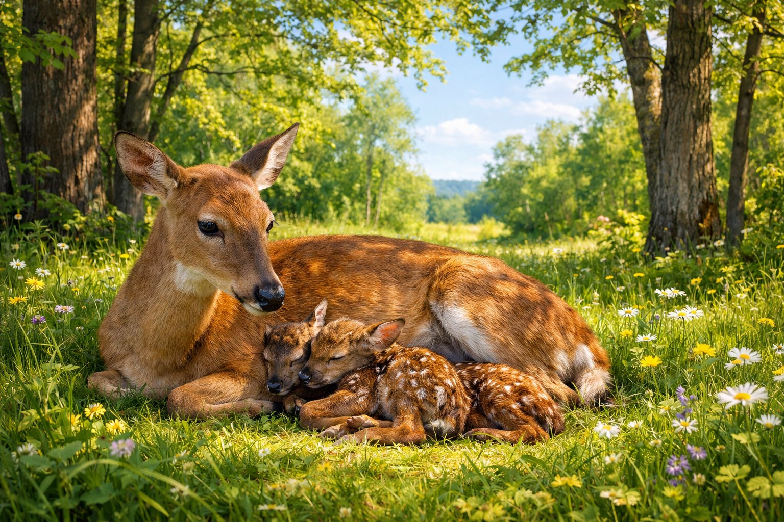 A mother deer lying in a green meadow with two newborn fawns resting beside her in a forest.