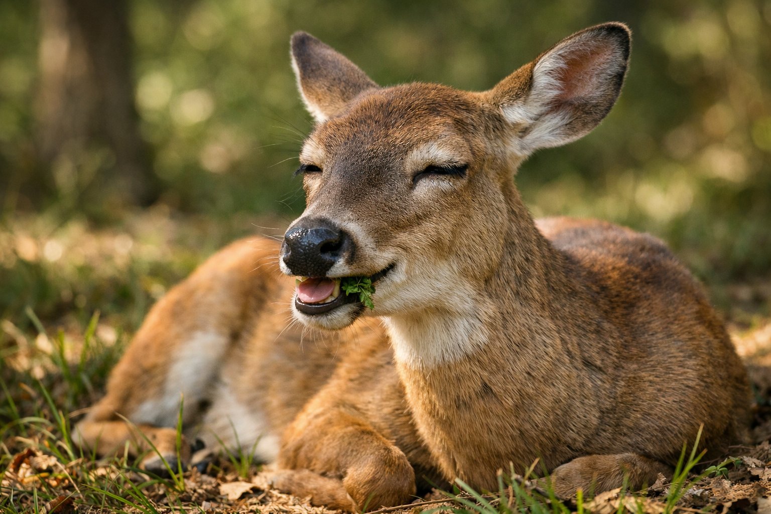 A deer lying down in a forest clearing, calmly chewing with soft sunlight filtering through trees.